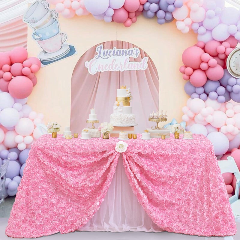 Fanqisi Pink Rosette Tablecloth 50x80 Inches Wholesale Rectangle Table Cover Rosette 3D Satin Tablecloth for Dinner Wedding Birthday Party Reception Table Decoration - Image 1